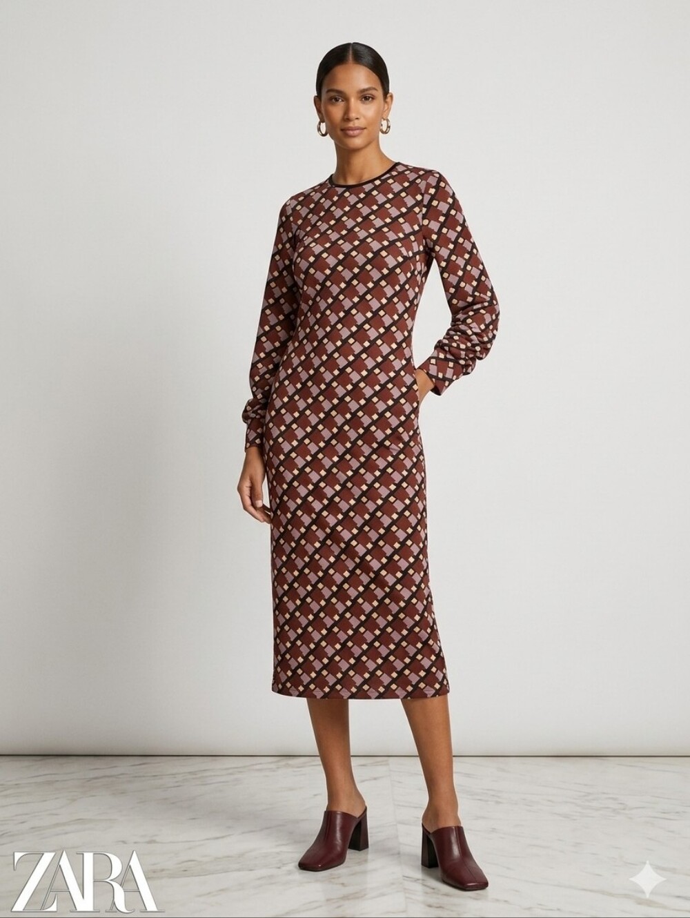 Zara Retro Geometric Print Ruched Sleeve Side Slit Midi Dress M